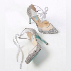 Betsey Johnson Iris Silver Rhinestone Ankle Strap Stiletto Heels Pumps New